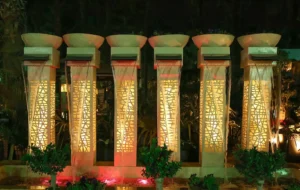 Waterfalls and fountains adjacent to the columns