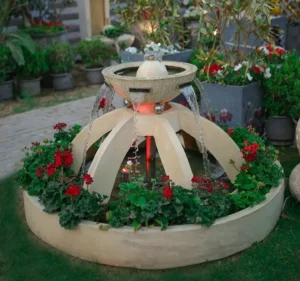 Waterfalls and fountains with an outlet to water the plants